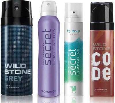 

Wild Stone Grey Deodorant (150 ml), Code Copper Perfume(120 ml) and ST Romance Deodorant (150 ml), Te Amo Aqua Body Perfume (120 ml), Pack of 4 Perfume Body Spray - For Men & Women(540 ml, Pack of 4)