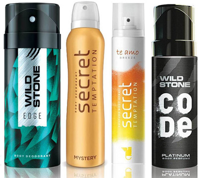 

Wild Stone Edge Deodorant (150 ml), Code Platinum Body Perfume(120 ml) and ST Mystery Deodorant (150 ml), Te Amo Breeze Body Perfume (120 ml), Pack of 4 Perfume Body Spray - For Men & Women(540 ml, Pack of 4)