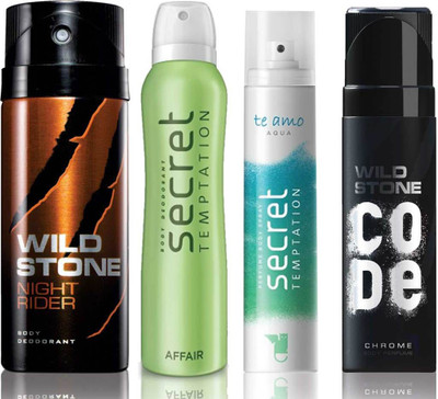 

Wild Stone Night Rider Deodorant (150 ml), Code Chrome Body Perfume(120 ml) and ST Affair Deodorant (150 ml), Te Amo Aqua Body Perfume (120 ml), Pack of 4 Perfume Body Spray - For Men & Women(540 ml, Pack of 4)