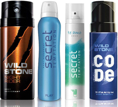 

Wild Stone Night Rider Deodorant (150 ml), Code Titanium Body Perfume(120 ml) and ST Play Deodorant (150 ml), Te Amo Aqua Body Perfume (120 ml), Pack of 4 Perfume Body Spray - For Men & Women(540 ml, Pack of 4)