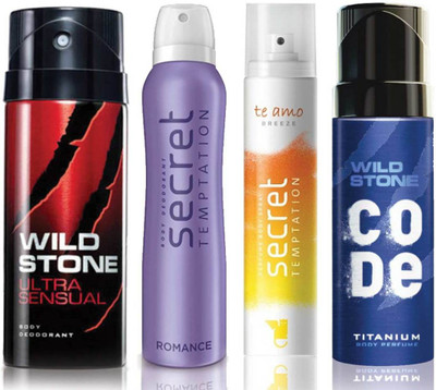 

Wild Stone Ultra Sensual Deodorant (150 ml), Code Titanium Body Perfume(120 ml) and ST Romance Deodorant (150 ml), Te Amo Breeze Body Perfume (120 ml), Pack of 4 Perfume Body Spray - For Men & Women(540 ml, Pack of 4)