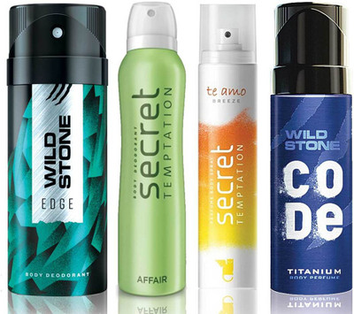 

Wild Stone Edge Deodorant (150 ml), Code Titanium Body Perfume(120 ml) and ST Affair Deodorant (150 ml), Te Amo Breeze Body Perfume (120 ml), Pack of 4 Perfume Body Spray - For Men & Women(540 ml, Pack of 4)