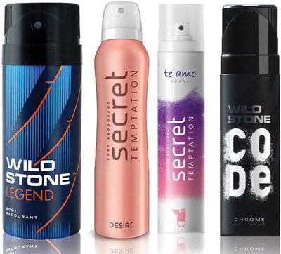 

Wild Stone Legend Deodorant (150 ml), Code Chrome Body Perfume(120 ml) and ST Desire Deodorant (150 ml), Te Amo Pearl Body Perfume (120 ml), Pack of 4 Perfume Body Spray - For Men & Women(540 ml, Pack of 4)