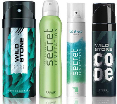 

Wild Stone Edge Deodorant (150 ml), Code Steel Body Perfume(120 ml) and ST Affair Deodorant (150 ml), Te Amo Aqua Body Perfume (120 ml), Pack of 4 Perfume Body Spray - For Men & Women(540 ml, Pack of 4)