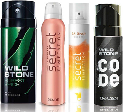 

Wild Stone Forest Spice Deodorant (150 ml), Code Platinum Body Perfume(120 ml) and ST Desire Deodorant (150 ml), Te Amo Breeze Body Perfume (120 ml), Pack of 4 Perfume Body Spray - For Men & Women(540 ml, Pack of 4)