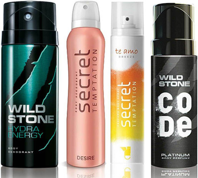 

Wild Stone Hydra Energy Deodorant (150 ml), Code Platinum Body Perfume(120 ml) and ST Desire Deodorant (150 ml), Te Amo Breeze Body Perfume (120 ml), Pack of 4 Perfume Body Spray - For Men & Women(540 ml, Pack of 4)