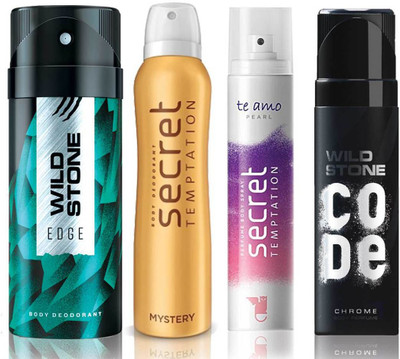 

Wild Stone Edge Deodorant (150 ml), Code Chrome Body Perfume(120 ml) and ST Mystery Deodorant (150 ml), Te Amo Pearl Body Perfume (120 ml), Pack of 4 Perfume Body Spray - For Men & Women(540 ml, Pack of 4)