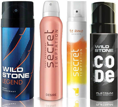 

Wild Stone Legend Deodorant (150 ml), Code Platinum Body Perfume(120 ml) and ST Desire Deodorant (150 ml), Te Amo Breeze Body Perfume (120 ml), Pack of 4 Perfume Body Spray - For Men & Women(540 ml, Pack of 4)