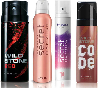 

Wild Stone Red Deodorant (150 ml), Code Copper Perfume(120 ml) and ST Desire Deodorant (150 ml), Te Amo Pearl Body Perfume (120 ml), Pack of 4 Perfume Body Spray - For Men & Women(540 ml, Pack of 4)