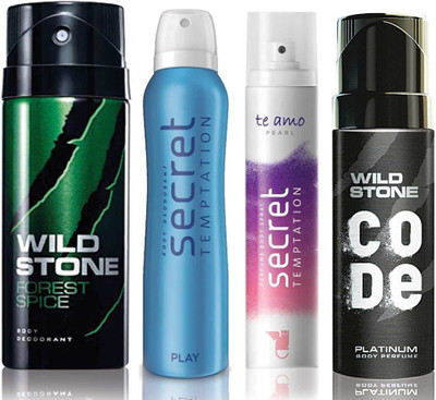 

Wild Stone Forest Spice Deodorant (150 ml), Code Platinum Body Perfume(120 ml) and ST Play Deodorant (150 ml), Te Amo Pearl Body Perfume (120 ml), Pack of 4 Perfume Body Spray - For Men & Women(540 ml, Pack of 4)
