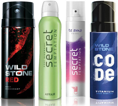 

Wild Stone Red Deodorant (150 ml), Code Titanium Body Perfume(120 ml) and ST Affair Deodorant (150 ml), Te Amo Pearl Body Perfume (120 ml), Pack of 4 Perfume Body Spray - For Men & Women(540 ml, Pack of 4)