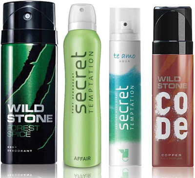 

Wild Stone Forest Spice Deodorant (150 ml), Code Copper Perfume(120 ml) and ST Affair Deodorant (150 ml), Te Amo Aqua Body Perfume (120 ml), Pack of 4 Perfume Body Spray - For Men & Women(540 ml, Pack of 4)