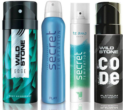 

Wild Stone Edge Deodorant (150 ml), Code Platinum Body Perfume(120 ml) and ST Play Deodorant (150 ml), Te Amo Aqua Body Perfume (120 ml), Pack of 4 Perfume Body Spray - For Men & Women(540 ml, Pack of 4)