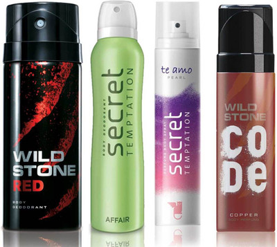 

Wild Stone Red Deodorant (150 ml), Code Copper Perfume(120 ml) and ST Affair Deodorant (150 ml), Te Amo Pearl Body Perfume (120 ml), Pack of 4 Perfume Body Spray - For Men & Women(540 ml, Pack of 4)
