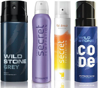 

Wild Stone Grey Deodorant (150 ml), Code Titanium Body Perfume(120 ml) and ST Romance Deodorant (150 ml), Te Amo Breeze Body Perfume (120 ml), Pack of 4 Perfume Body Spray - For Men & Women(540 ml, Pack of 4)