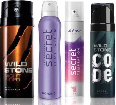 

Wild Stone Night Rider Deodorant (150 ml), Code Steel Body Perfume(120 ml) and ST Romance Deodorant (150 ml), Te Amo Pearl Body Perfume (120 ml), Pack of 4 Perfume Body Spray - For Men & Women(540 ml, Pack of 4)