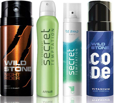 

Wild Stone Night Rider Deodorant (150 ml), Code Titanium Body Perfume(120 ml) and ST Affair Deodorant (150 ml), Te Amo Aqua Body Perfume (120 ml), Pack of 4 Perfume Body Spray - For Men & Women(540 ml, Pack of 4)