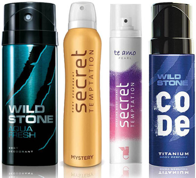 

Wild Stone Aqua Fresh Deodorant (150 ml), Code Titanium Body Perfume(120 ml) and ST Mystery Deodorant (150 ml), Te Amo Pearl Body Perfume (120 ml), Pack of 4 Perfume Body Spray - For Men & Women(540 ml, Pack of 4)