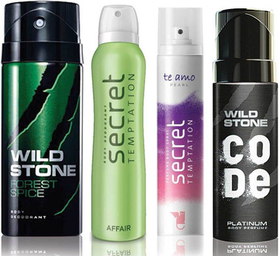 

Wild Stone Forest Spice Deodorant (150 ml), Code Platinum Body Perfume(120 ml) and ST Affair Deodorant (150 ml), Te Amo Pearl Body Perfume (120 ml), Pack of 4 Perfume Body Spray - For Men & Women(540 ml, Pack of 4)