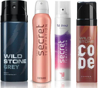 

Wild Stone Grey Deodorant (150 ml), Code Copper Perfume(120 ml) and ST Desire Deodorant (150 ml), Te Amo Pearl Body Perfume (120 ml), Pack of 4 Perfume Body Spray - For Men & Women(540 ml, Pack of 4)