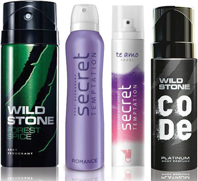 

Wild Stone Forest Spice Deodorant (150 ml), Code Platinum Body Perfume(120 ml) and ST Romance Deodorant (150 ml), Te Amo Pearl Body Perfume (120 ml), Pack of 4 Perfume Body Spray - For Men & Women(540 ml, Pack of 4)