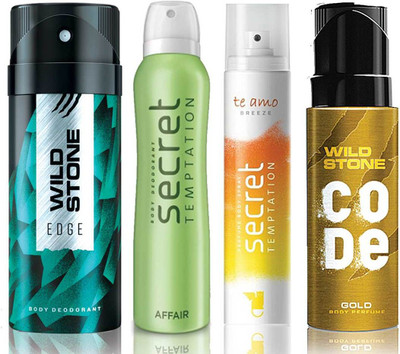 

Wild Stone Edge Deodorant (150 ml), Code Gold Body Perfume(120 ml) and ST Affair Deodorant (150 ml), Te Amo Breeze Body Perfume (120 ml), Pack of 4 Perfume Body Spray - For Men & Women(540 ml, Pack of 4)