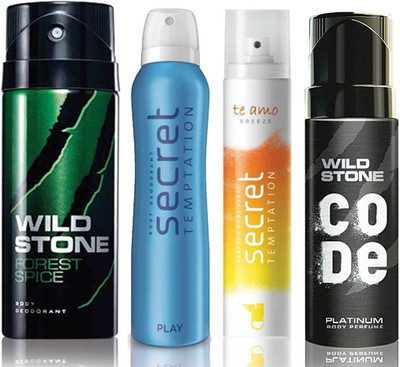 

Wild Stone Forest Spice Deodorant (150 ml), Code Platinum Body Perfume(120 ml) and ST Play Deodorant (150 ml), Te Amo Breeze Body Perfume (120 ml), Pack of 4 Perfume Body Spray - For Men & Women(540 ml, Pack of 4)