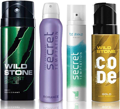 

Wild Stone Forest Spice Deodorant (150 ml), Code Gold Body Perfume(120 ml) and ST Romance Deodorant (150 ml), Te Amo Aqua Body Perfume (120 ml), Pack of 4 Perfume Body Spray - For Men & Women(540 ml, Pack of 4)