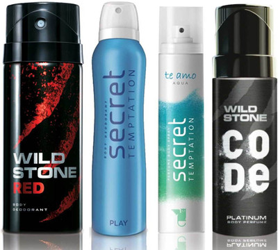 

Wild Stone Red Deodorant (150 ml), Code Platinum Body Perfume(120 ml) and ST Play Deodorant (150 ml), Te Amo Aqua Body Perfume (120 ml), Pack of 4 Perfume Body Spray - For Men & Women(540 ml, Pack of 4)
