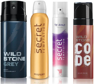 

Wild Stone Grey Deodorant (150 ml), Code Copper Perfume(120 ml) and ST Mystery Deodorant (150 ml), Te Amo Pearl Body Perfume (120 ml), Pack of 4 Perfume Body Spray - For Men & Women(540 ml, Pack of 4)