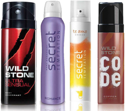 

Wild Stone Ultra Sensual Deodorant (150 ml), Code Copper Perfume(120 ml) and ST Romance Deodorant (150 ml), Te Amo Breeze Body Perfume (120 ml), Pack of 4 Perfume Body Spray - For Men & Women(540 ml, Pack of 4)