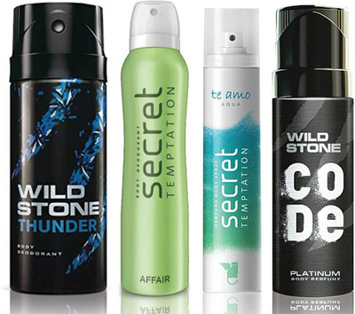 

Wild Stone Thunder Deodorant (150 ml), Code Platinum Body Perfume(120 ml) and ST Affair Deodorant (150 ml), Te Amo Aqua Body Perfume (120 ml), Pack of 4 Perfume Body Spray - For Men & Women(540 ml, Pack of 4)