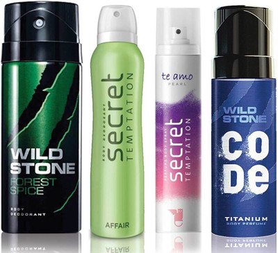 

Wild Stone Forest Spice Deodorant (150 ml), Code Titanium Body Perfume(120 ml) and ST Affair Deodorant (150 ml), Te Amo Pearl Body Perfume (120 ml), Pack of 4 Perfume Body Spray - For Men & Women(540 ml, Pack of 4)