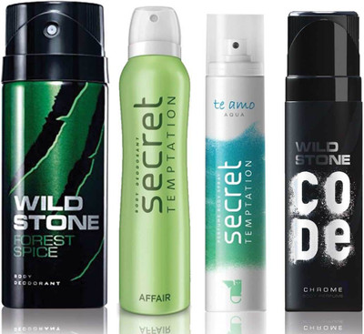 

Wild Stone Forest Spice Deodorant (150 ml), Code Chrome Body Perfume(120 ml) and ST Affair Deodorant (150 ml), Te Amo Aqua Body Perfume (120 ml), Pack of 4 Perfume Body Spray - For Men & Women(540 ml, Pack of 4)