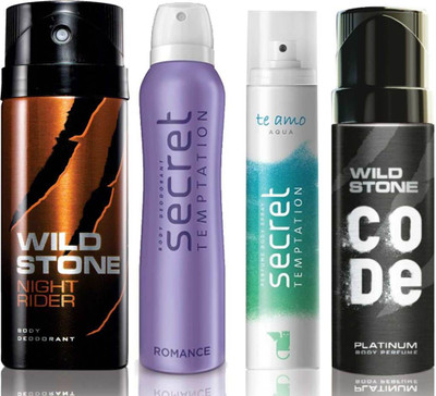 

Wild Stone Night Rider Deodorant (150 ml), Code Platinum Body Perfume(120 ml) and ST Romance Deodorant (150 ml), Te Amo Aqua Body Perfume (120 ml), Pack of 4 Perfume Body Spray - For Men & Women(540 ml, Pack of 4)