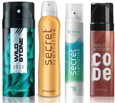 

Wild Stone Edge Deodorant (150 ml), Code Copper Perfume(120 ml) and ST Mystery Deodorant (150 ml), Te Amo Aqua Body Perfume (120 ml), Pack of 4 Perfume Body Spray - For Men & Women(540 ml, Pack of 4)
