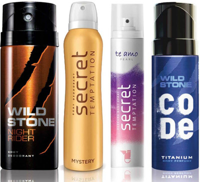 

Wild Stone Night Rider Deodorant (150 ml), Code Titanium Body Perfume(120 ml) and ST Mystery Deodorant (150 ml), Te Amo Pearl Body Perfume (120 ml), Pack of 4 Perfume Body Spray - For Men & Women(540 ml, Pack of 4)