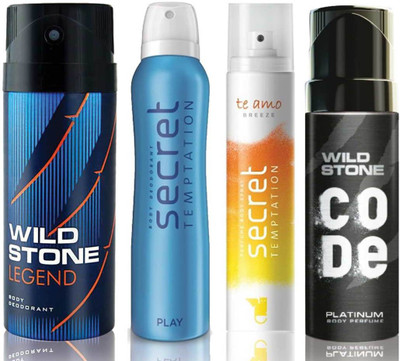 

Wild Stone Legend Deodorant (150 ml), Code Platinum Body Perfume(120 ml) and ST Play Deodorant (150 ml), Te Amo Breeze Body Perfume (120 ml), Pack of 4 Perfume Body Spray - For Men & Women(540 ml, Pack of 4)