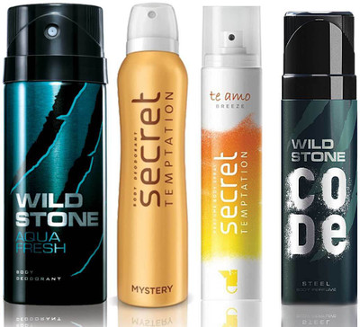 

Wild Stone Aqua Fresh Deodorant (150 ml), Code Steel Body Perfume(120 ml) and ST Mystery Deodorant (150 ml), Te Amo Breeze Body Perfume (120 ml), Pack of 4 Perfume Body Spray - For Men & Women(540 ml, Pack of 4)