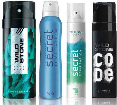 

Wild Stone Edge Deodorant (150 ml), Code Chrome Body Perfume(120 ml) and ST Play Deodorant (150 ml), Te Amo Aqua Body Perfume (120 ml), Pack of 4 Perfume Body Spray - For Men & Women(540 ml, Pack of 4)