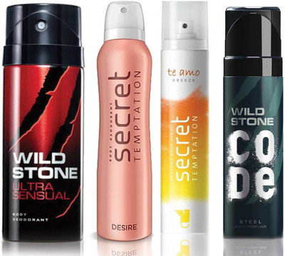 

Wild Stone Ultra Sensual Deodorant (150 ml), Code Steel Body Perfume(120 ml) and ST Desire Deodorant (150 ml), Te Amo Breeze Body Perfume (120 ml), Pack of 4 Perfume Body Spray - For Men & Women(540 ml, Pack of 4)