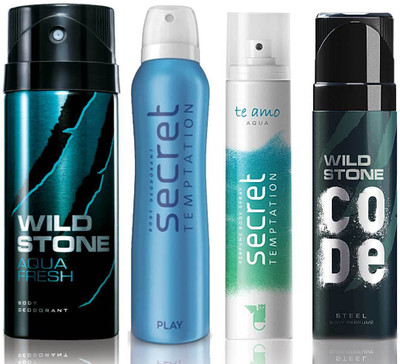 

Wild Stone Aqua Fresh Deodorant (150 ml), Code Steel Body Perfume(120 ml) and ST Play Deodorant (150 ml), Te Amo Aqua Body Perfume (120 ml), Pack of 4 Perfume Body Spray - For Men & Women(540 ml, Pack of 4)