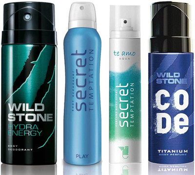 

Wild Stone Hydra Energy Deodorant (150 ml), Code Titanium Body Perfume(120 ml) and ST Play Deodorant (150 ml), Te Amo Aqua Body Perfume (120 ml), Pack of 4 Perfume Body Spray - For Men & Women(540 ml, Pack of 4)