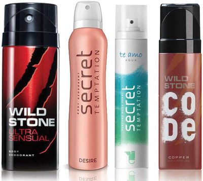 

Wild Stone Ultra Sensual Deodorant (150 ml), Code Copper Perfume(120 ml) and ST Desire Deodorant (150 ml), Te Amo Aqua Body Perfume (120 ml), Pack of 4 Perfume Body Spray - For Men & Women(540 ml, Pack of 4)