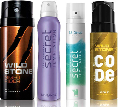

Wild Stone Night Rider Deodorant (150 ml), Code Gold Body Perfume(120 ml) and ST Romance Deodorant (150 ml), Te Amo Aqua Body Perfume (120 ml), Pack of 4 Perfume Body Spray - For Men & Women(540 ml, Pack of 4)