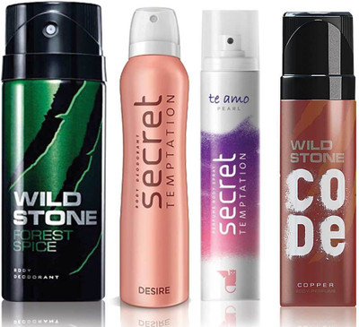 

Wild Stone Forest Spice Deodorant (150 ml), Code Copper Perfume(120 ml) and ST Desire Deodorant (150 ml), Te Amo Pearl Body Perfume (120 ml), Pack of 4 Perfume Body Spray - For Men & Women(540 ml, Pack of 4)