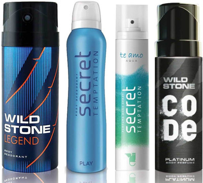 

Wild Stone Legend Deodorant (150 ml), Code Platinum Body Perfume(120 ml) and ST Play Deodorant (150 ml), Te Amo Aqua Body Perfume (120 ml), Pack of 4 Perfume Body Spray - For Men & Women(540 ml, Pack of 4)