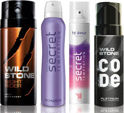 

Wild Stone Night Rider Deodorant (150 ml), Code Platinum Body Perfume(120 ml) and ST Romance Deodorant (150 ml), Te Amo Pearl Body Perfume (120 ml), Pack of 4 Perfume Body Spray - For Men & Women(540 ml, Pack of 4)