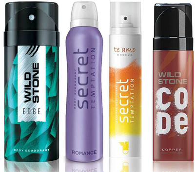 

Wild Stone Edge Deodorant (150 ml), Code Copper Perfume(120 ml) and ST Romance Deodorant (150 ml), Te Amo Breeze Body Perfume (120 ml), Pack of 4 Perfume Body Spray - For Men & Women(540 ml, Pack of 4)