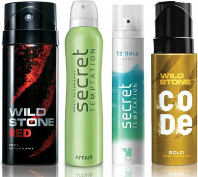 

Wild Stone Red Deodorant (150 ml), Code Gold Body Perfume(120 ml) and ST Affair Deodorant (150 ml), Te Amo Aqua Body Perfume (120 ml), Pack of 4 Perfume Body Spray - For Men & Women(540 ml, Pack of 4)